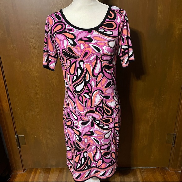 Michael Kors Dresses & Skirts - Michael Kors Pink and Black Abstract Midi Dress